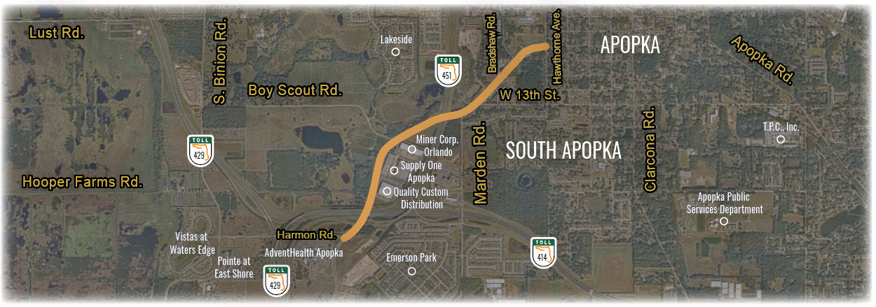 Highlighted area showing the study area that consists of Ocoee Apopka Road from Harmon Road to South Bradshaw Road, approximately 1.6 miles in length.